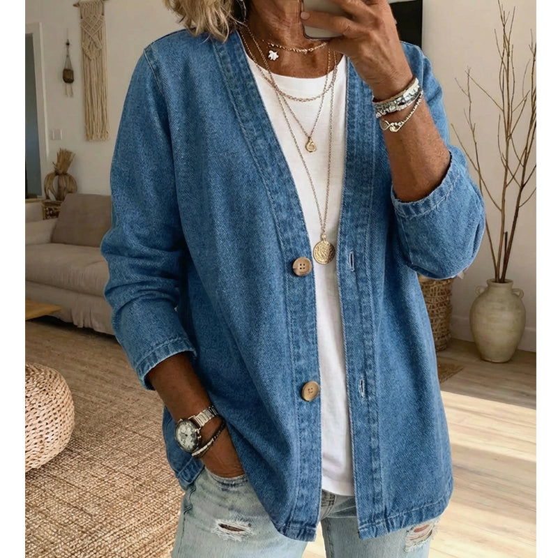 MAINTENANT ! Blouson en jean classique à boutons pour femme – Col en V, tissu respirant et coupe décontractée