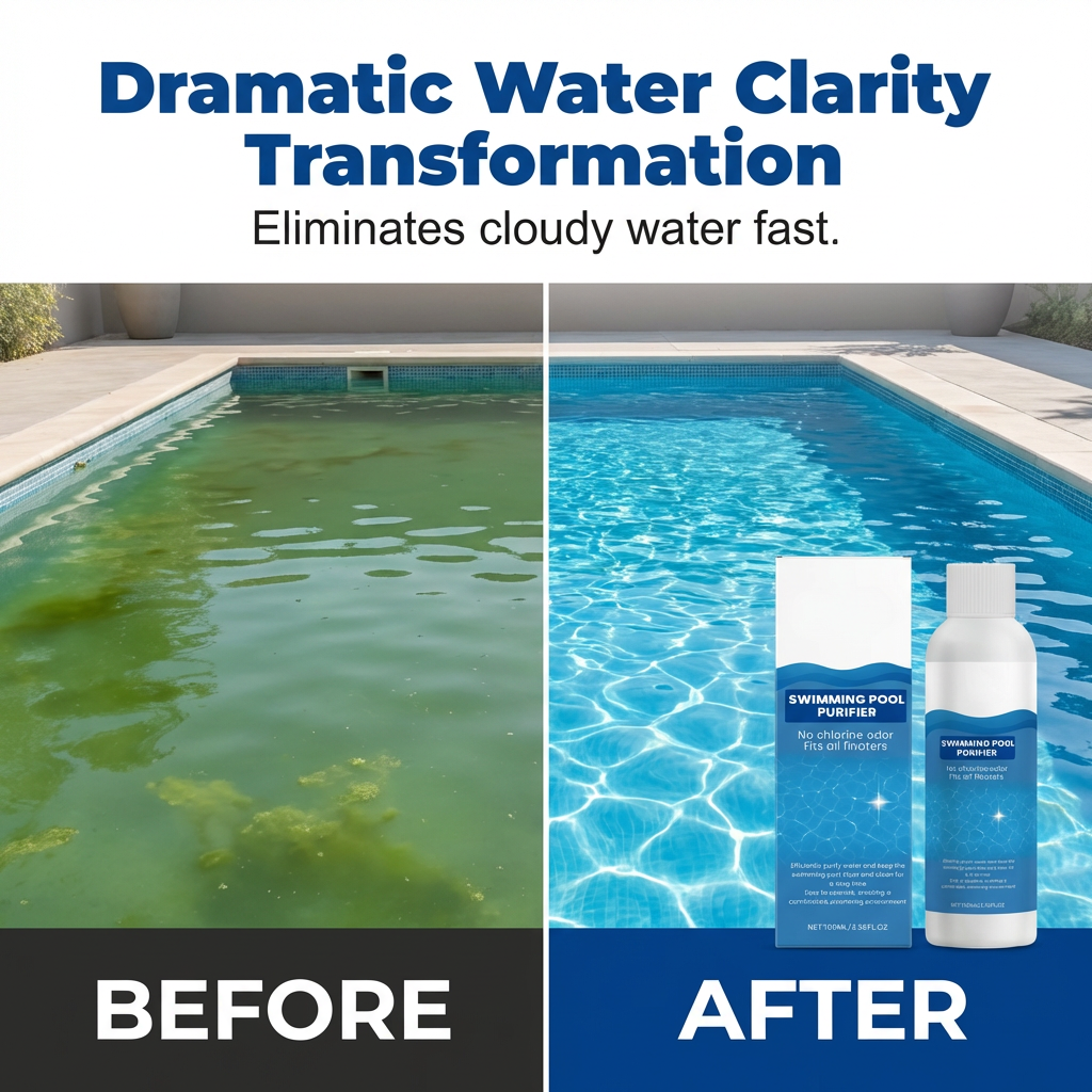 Liquide purifiant pour piscines - une eau cristalline, sans effort ! Dites adieu à l'eau verte et aux produits chimiques agressifs - profitez d'une baignade saine et naturelle