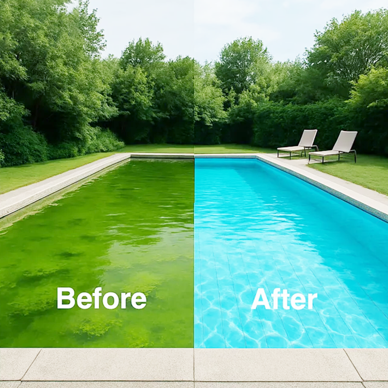 Liquide purifiant pour piscines - une eau cristalline, sans effort ! Dites adieu à l'eau verte et aux produits chimiques agressifs - profitez d'une baignade saine et naturelle