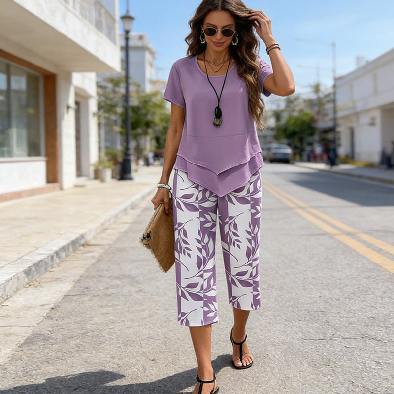 Ensemble deux pièces pour femme – Tunique asymétrique superposée et pantalon large imprimé, en polyester respirant