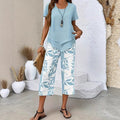 Ensemble deux pièces pour femme – Tunique asymétrique superposée et pantalon large imprimé, en polyester respirant