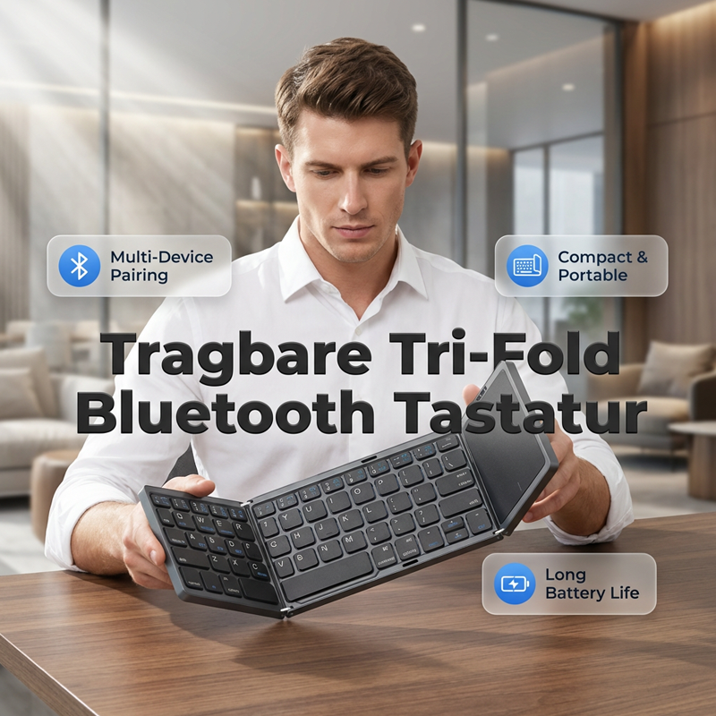 Bureau de poche : Clavier sans fil pliable avec pavé tactile. Compatible iOS, Android et PC.