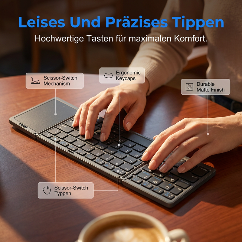 Bureau de poche : Clavier sans fil pliable avec pavé tactile. Compatible iOS, Android et PC.