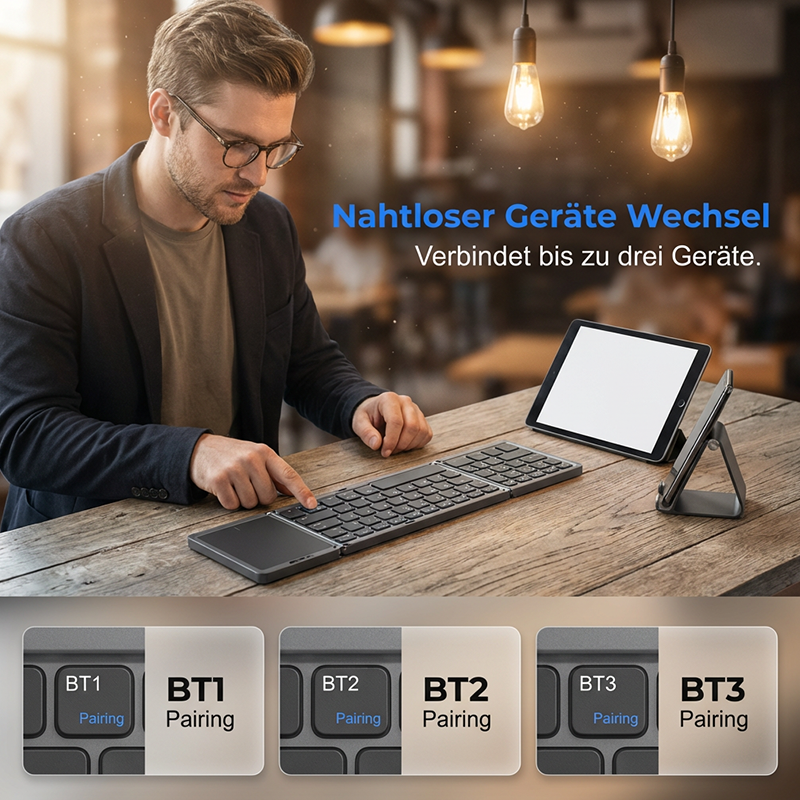Bureau de poche : Clavier sans fil pliable avec pavé tactile. Compatible iOS, Android et PC.