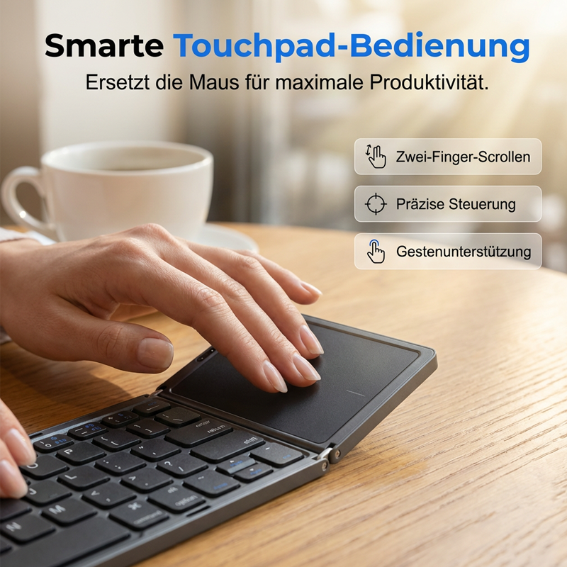 Bureau de poche : Clavier sans fil pliable avec pavé tactile. Compatible iOS, Android et PC.