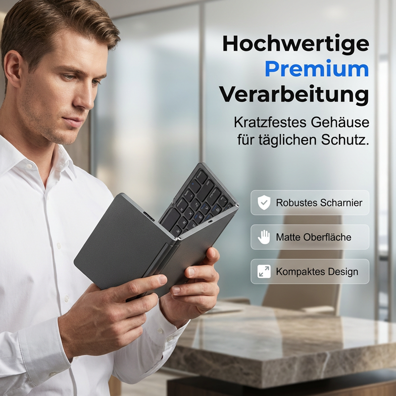 Bureau de poche : Clavier sans fil pliable avec pavé tactile. Compatible iOS, Android et PC.