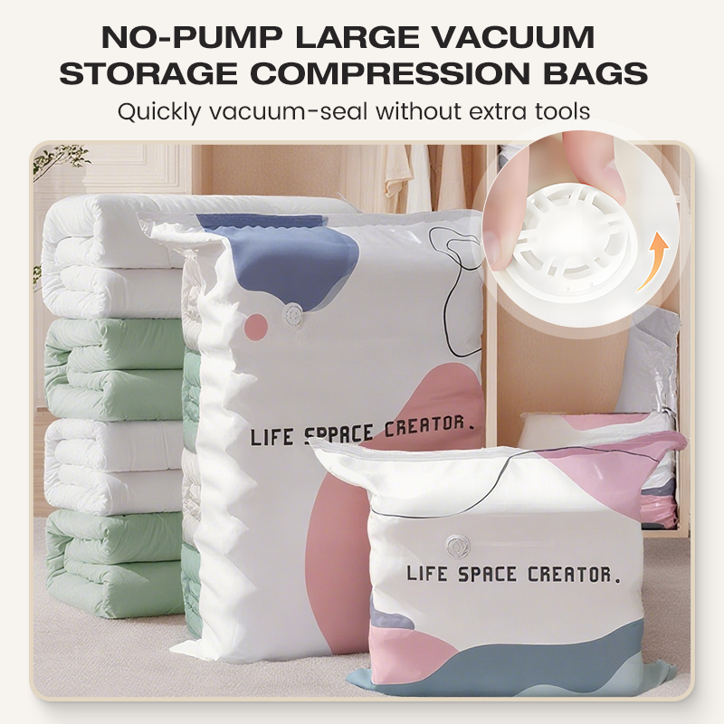 No©\Pump Vacuum Storage Bags ¨C Presse et scelle, pas besoin de pompe. Économise 80 % d'espace, garde les vêtements secs et à l'abri de la poussière. Parfait pour la literie encombrante et les vêtements hors saison