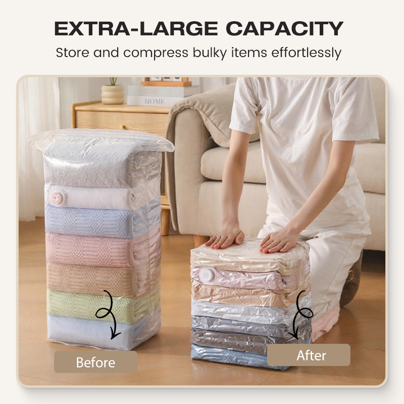 No©\Pump Vacuum Storage Bags ¨C Presse et scelle, pas besoin de pompe. Économise 80 % d'espace, garde les vêtements secs et à l'abri de la poussière. Parfait pour la literie encombrante et les vêtements hors saison