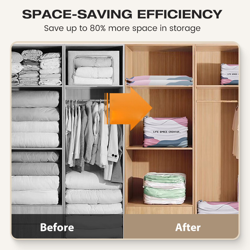 No©\Pump Vacuum Storage Bags ¨C Presse et scelle, pas besoin de pompe. Économise 80 % d'espace, garde les vêtements secs et à l'abri de la poussière. Parfait pour la literie encombrante et les vêtements hors saison