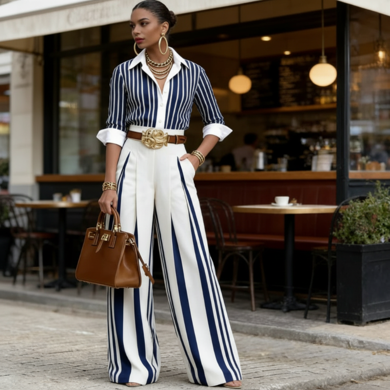 Ensemble 2 pièces femme – Chemise rayée et pantalon large, look décontracté, tissu léger et parfait pour l'été