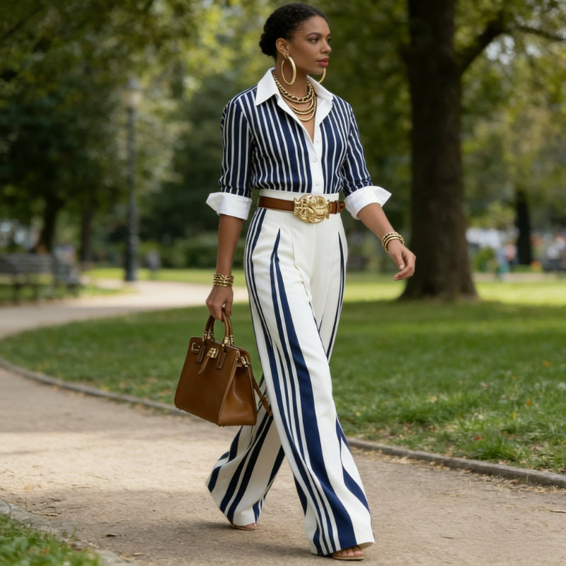 Ensemble 2 pièces femme – Chemise rayée et pantalon large, look décontracté, tissu léger et parfait pour l'été
