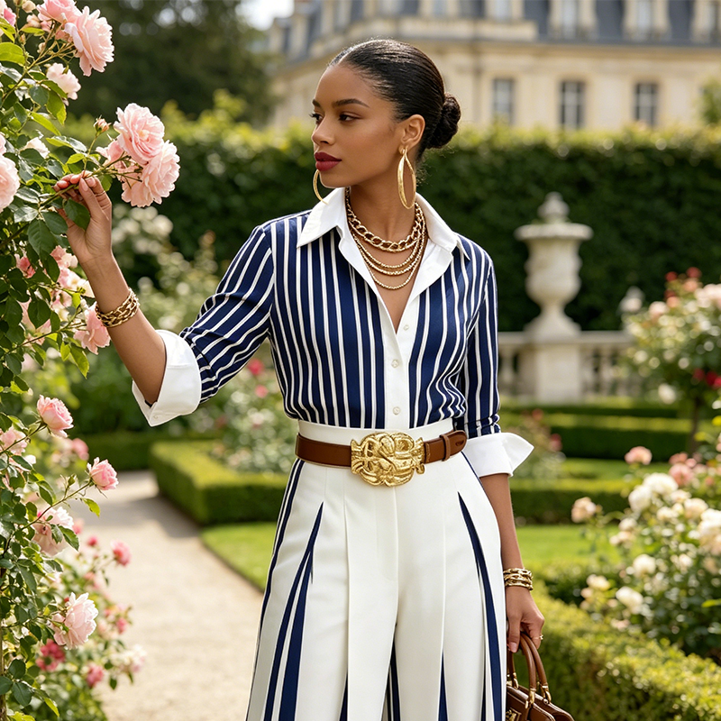 Ensemble 2 pièces femme – Chemise rayée et pantalon large, look décontracté, tissu léger et parfait pour l'été