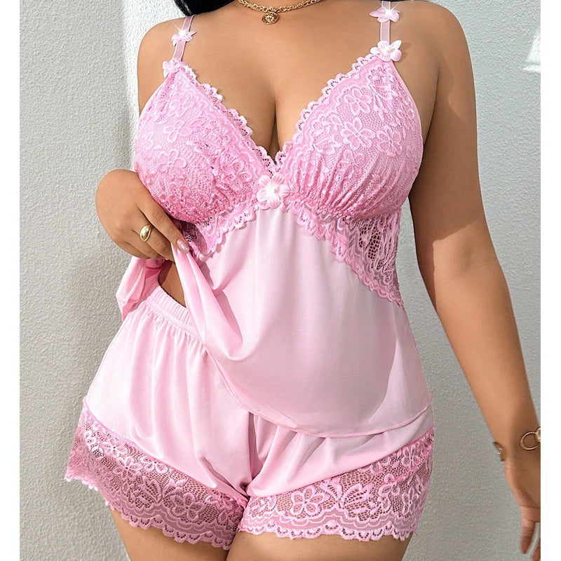 Ensemble de pyjama camisole et short bordé de dentelle 2026 – Tissu doux effet satin, bretelles réglables et col en V.
