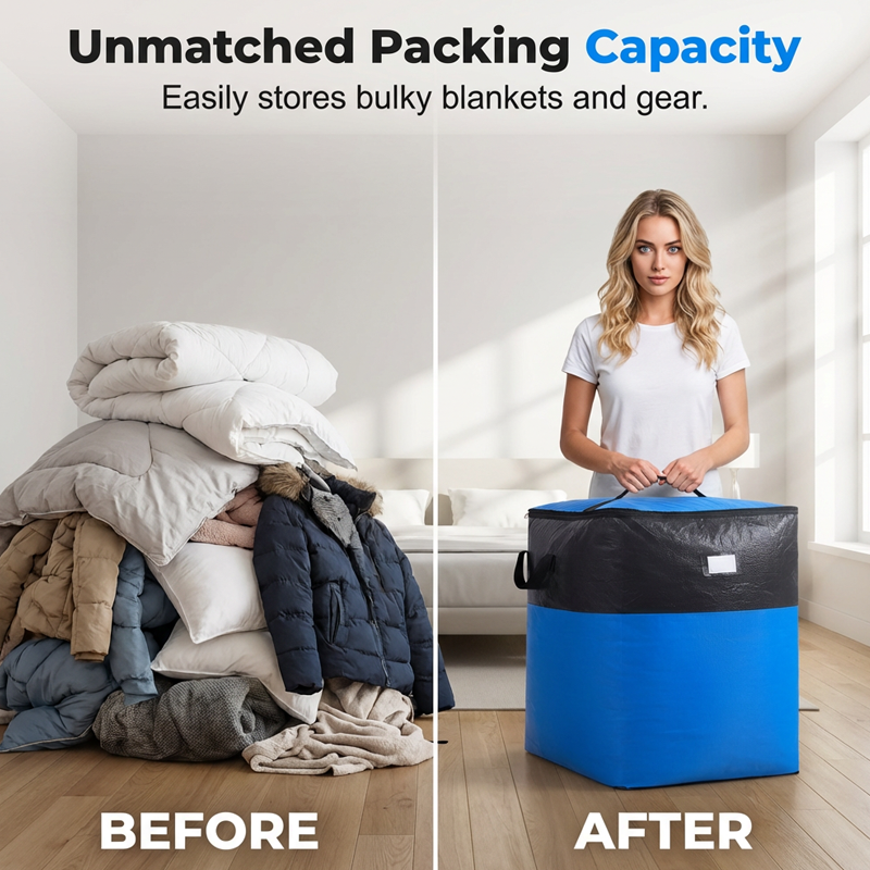 Sac de rangement et de déménagement pliable – PE robuste, résistant à l'eau. Très grande capacité de 180 L, se plie à plat. Poignées renforcées, parfait pour déménager ou pour le grenier.