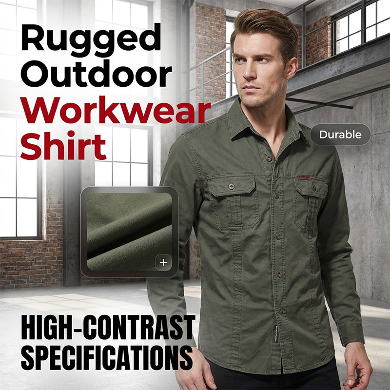 Chemise de travail en coton à manches longues pour hommes – Durable, respirante, poches poitrine