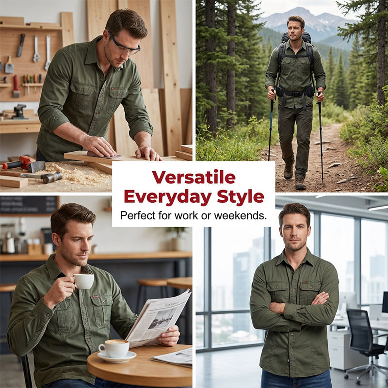 Chemise de travail en coton à manches longues pour hommes – Durable, respirante, poches poitrine