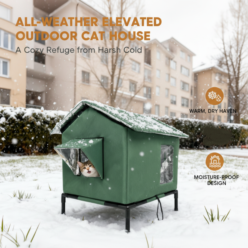 Niche pour chat d'extérieur surélevée tout temps - Imperméable, isolée, pliable