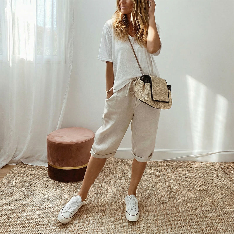 Pantacourt femme en coton et lin – Ample, coupe courte, revers roulotté, poches