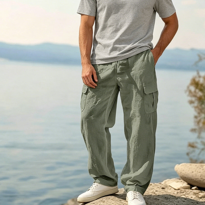 Pantalon cargo en coton et lin pour homme avec cordon de serrage à la taille – Respirant, coupe décontractée, multipoches