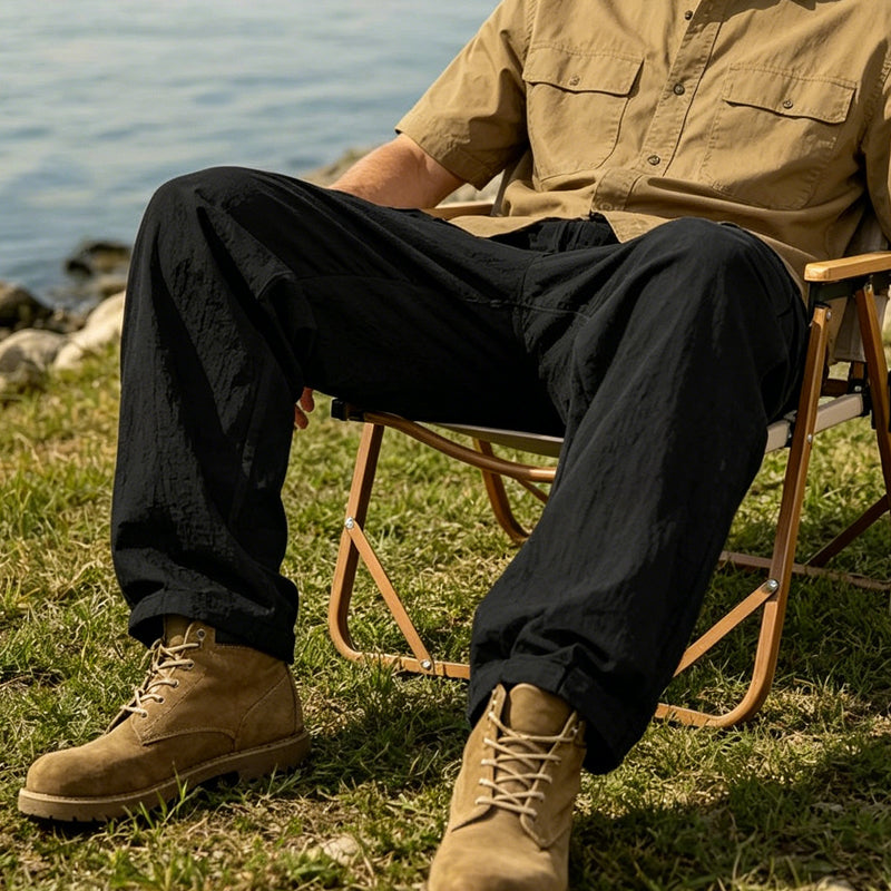 Pantalon cargo en coton et lin pour homme avec cordon de serrage à la taille – Respirant, coupe décontractée, multipoches