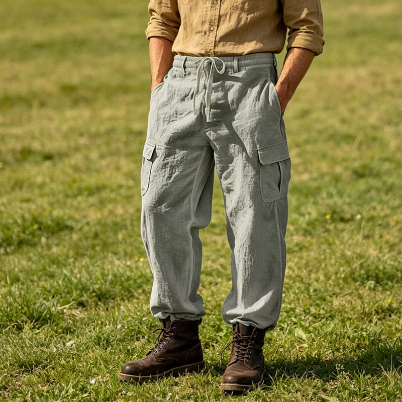 Pantalon cargo en coton et lin pour homme avec cordon de serrage à la taille – Respirant, coupe décontractée, multipoches