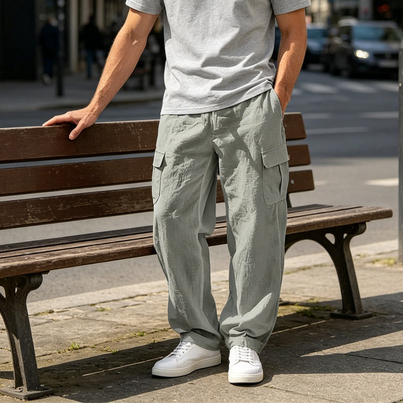 Pantalon cargo en coton et lin pour homme avec cordon de serrage à la taille – Respirant, coupe décontractée, multipoches