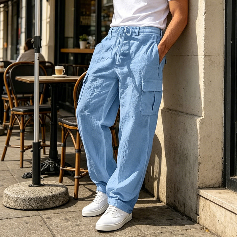 Pantalon cargo en coton et lin pour homme avec cordon de serrage à la taille – Respirant, coupe décontractée, multipoches