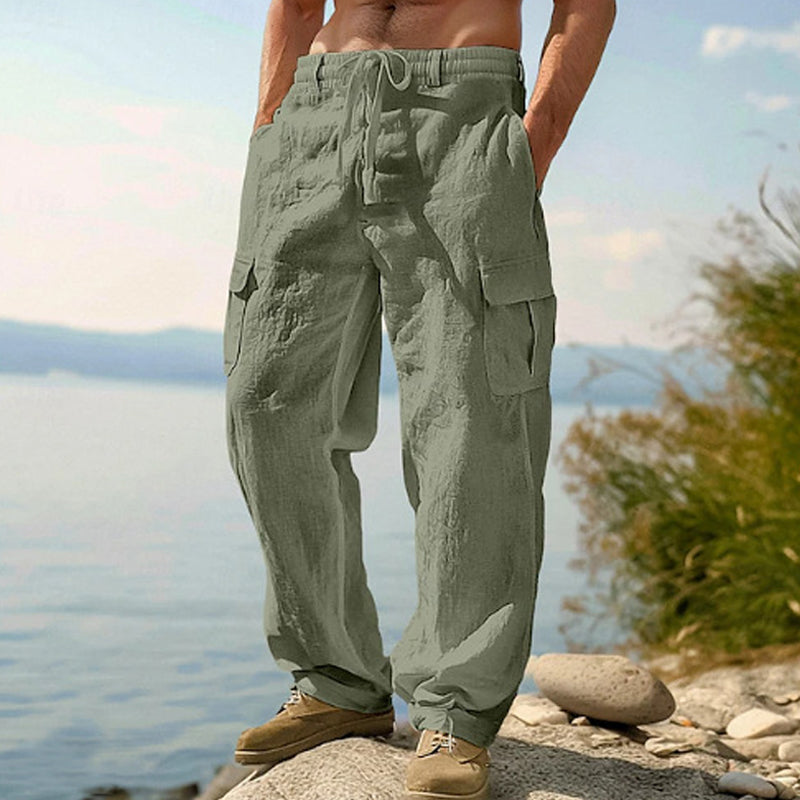 Pantalon cargo en coton et lin pour homme avec cordon de serrage à la taille – Respirant, coupe décontractée, multipoches
