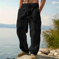 Pantalon cargo en coton et lin pour homme avec cordon de serrage à la taille – Respirant, coupe décontractée, multipoches