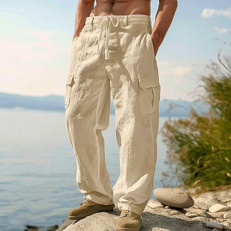 Pantalon cargo en coton et lin pour homme avec cordon de serrage à la taille – Respirant, coupe décontractée, multipoches