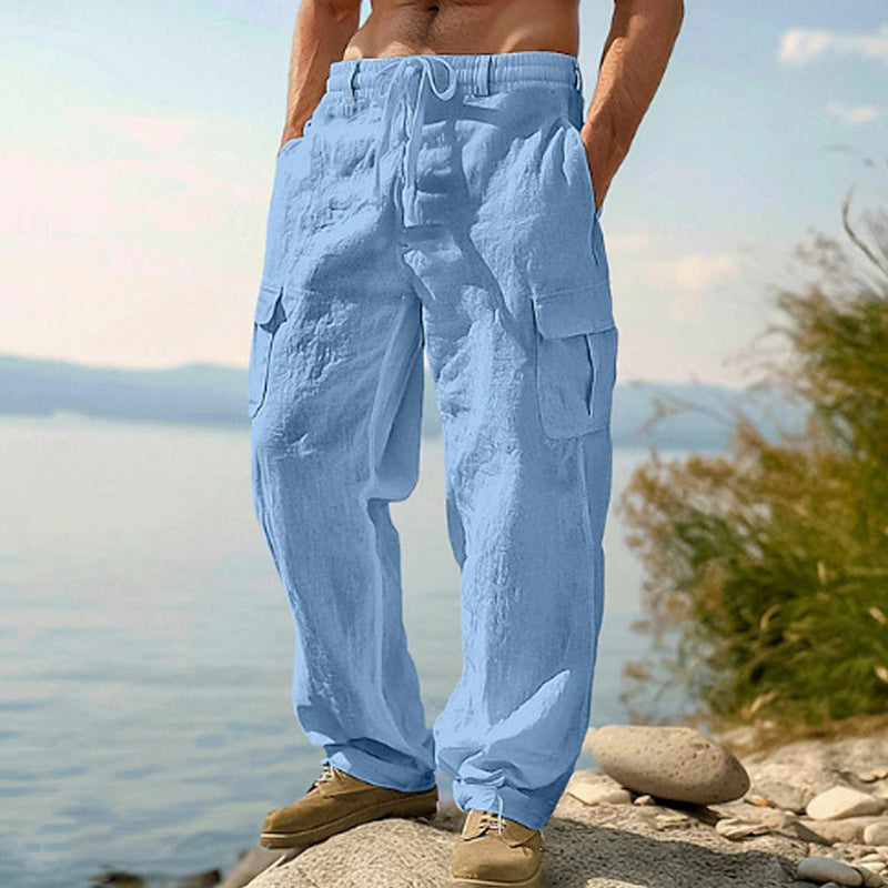 Pantalon cargo en coton et lin pour homme avec cordon de serrage à la taille – Respirant, coupe décontractée, multipoches