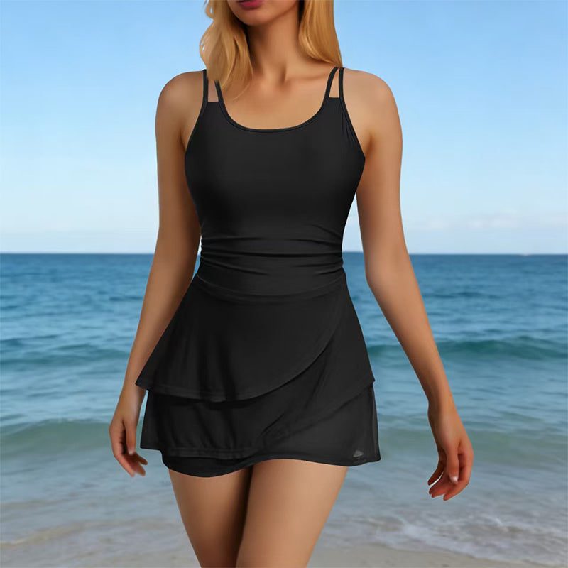 Maillot de bain jupette à doubles bretelles froncées – Contrôle du ventre, Maintien sûr, Séchage rapide