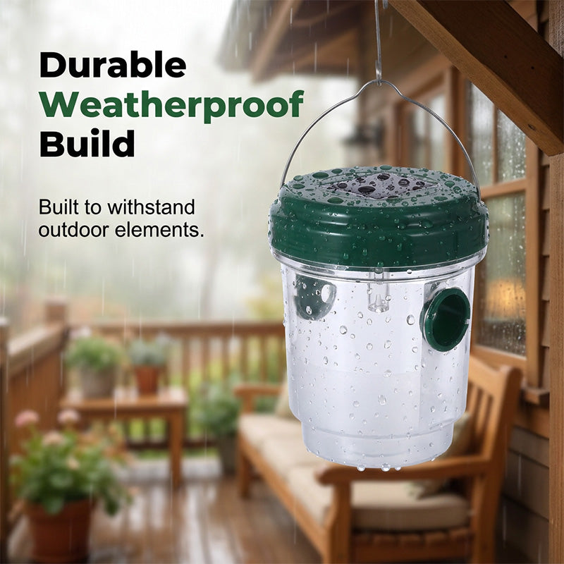 Piège à guêpes solaire pour patios et jardins – efficace, rechargeable et résistant aux intempéries – sans produit chimique, couvre jusqu'à 500 m2 !