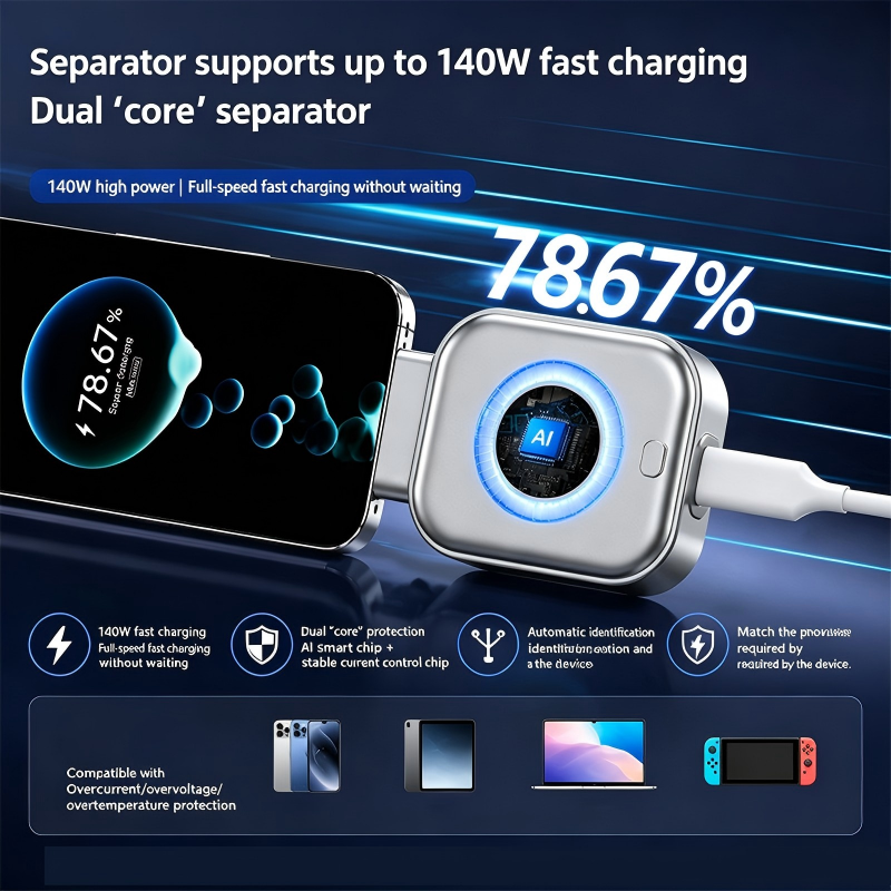 Éveil estival : Chargeur ultra-rapide 140W avec arrêt automatique IA – USB-C PD3.1 – Protection intelligente de la batterie – Universel pour iPhone, MacBook et