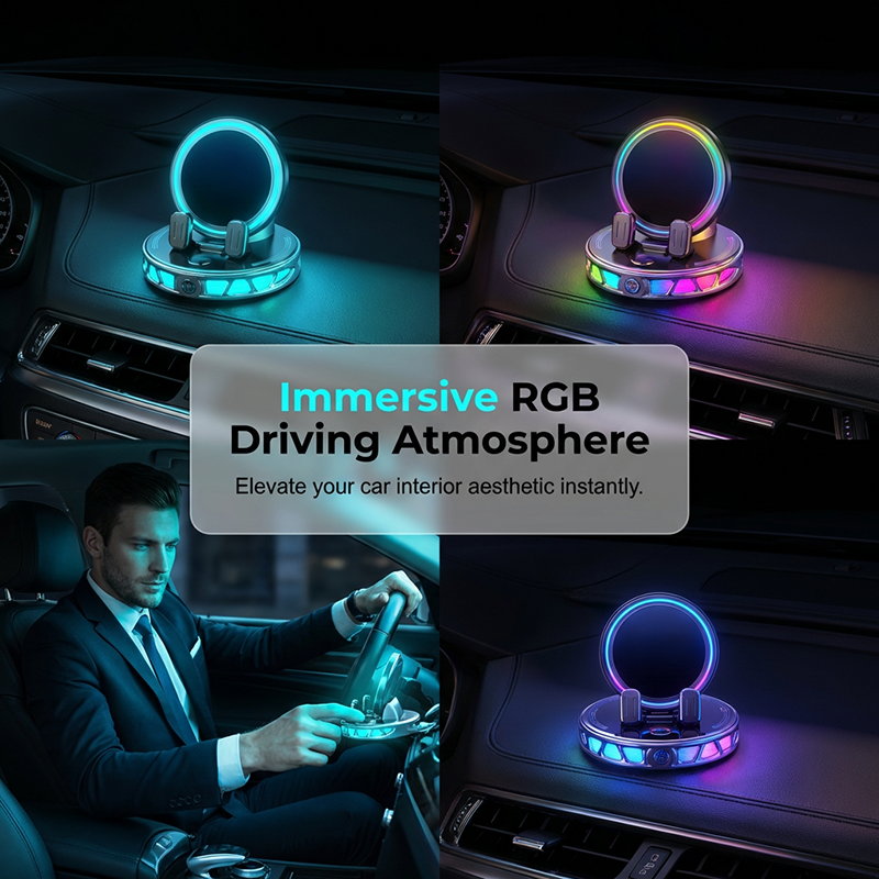 Support de téléphone de voiture RGB à serrage automatique et recharge sans fil | Conduite sûre à une main