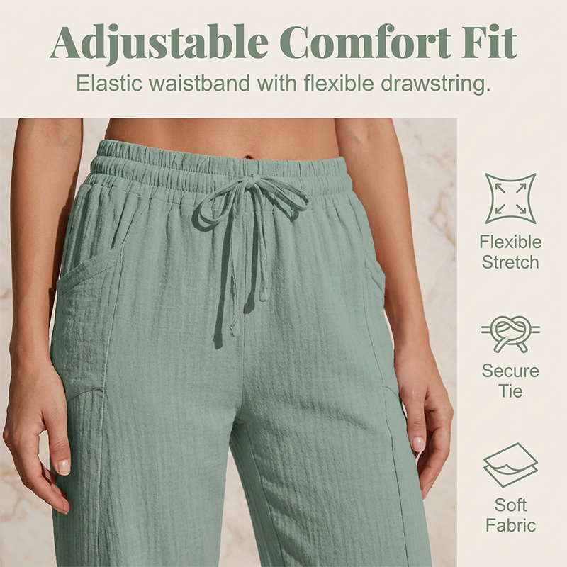 Pantalon court plissé en coton et lin pour femme, couleur unie