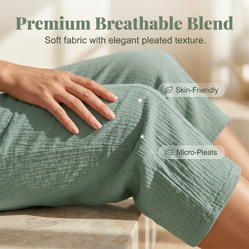 Pantalon court plissé en coton et lin pour femme, couleur unie