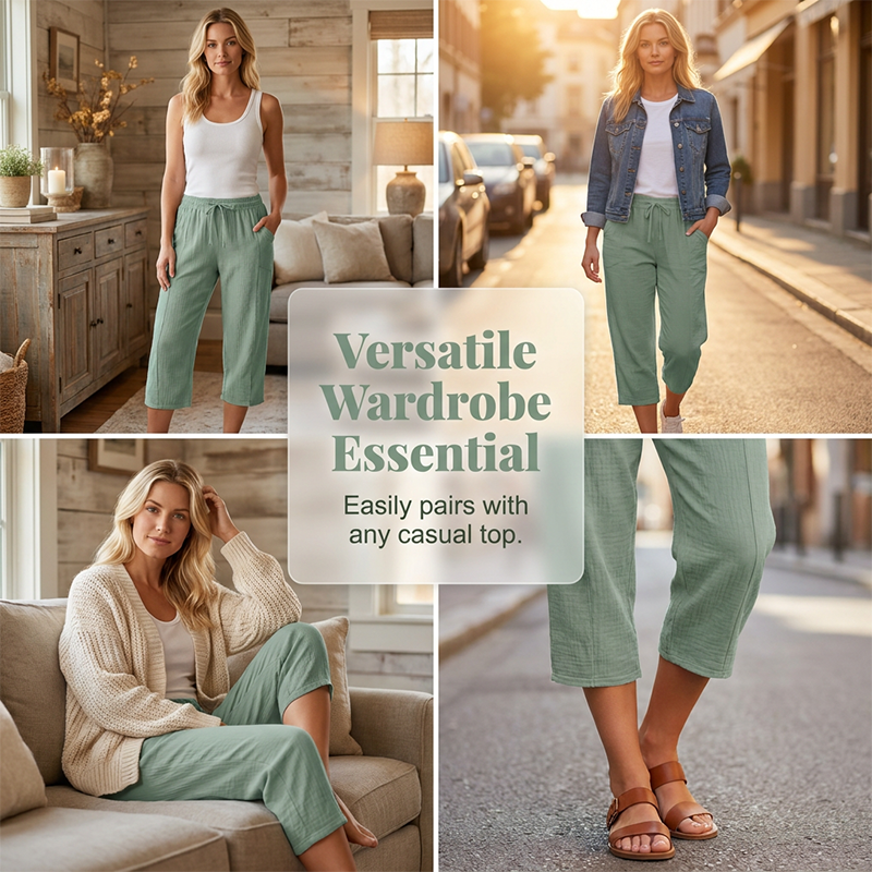 Pantalon court plissé en coton et lin pour femme, couleur unie