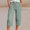 Pantalon court plissé en coton et lin pour femme, couleur unie