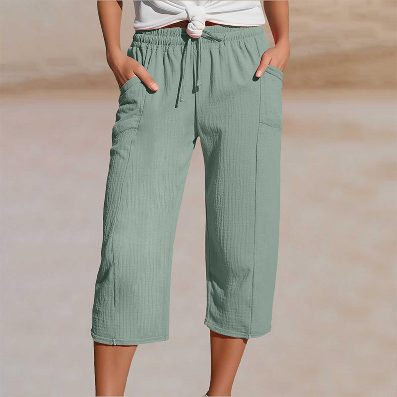 Pantalon court plissé en coton et lin pour femme, couleur unie