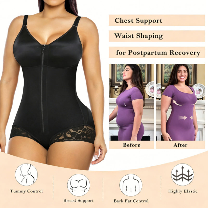 Body gainant zippé pour femme – Compression à 360°, bretelles réglables, effet sablier
