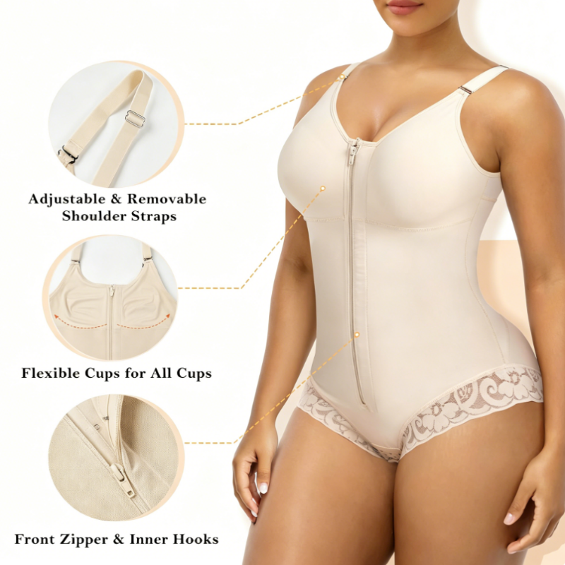 Body gainant zippé pour femme – Compression à 360°, bretelles réglables, effet sablier