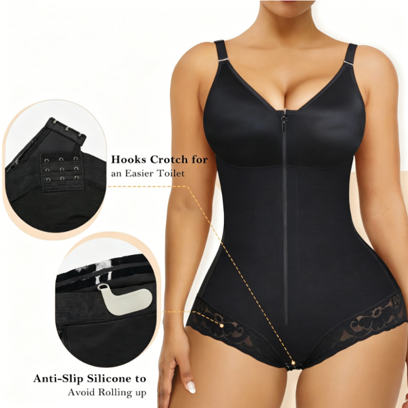 Body gainant zippé pour femme – Compression à 360°, bretelles réglables, effet sablier