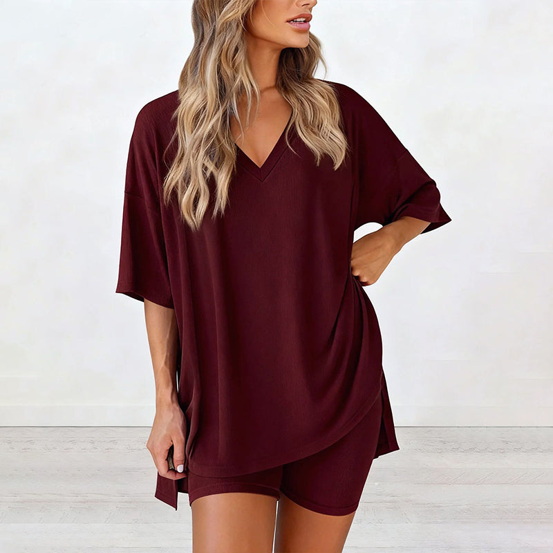 Ensemble de détente d'été pour femme – Haut surdimensionné à col en V et short