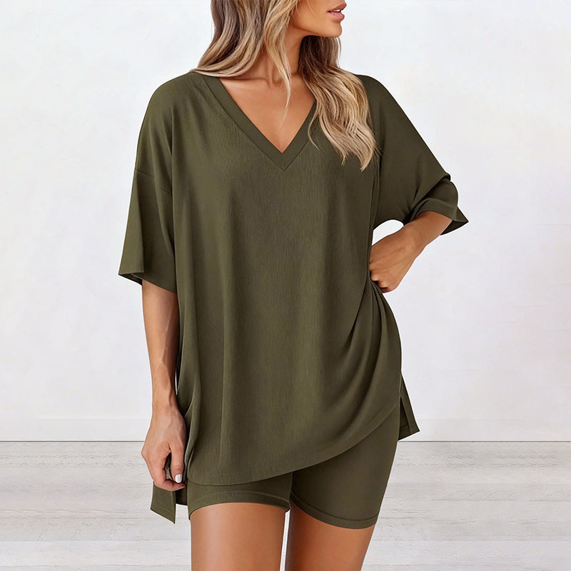 Ensemble de détente d'été pour femme – Haut surdimensionné à col en V et short