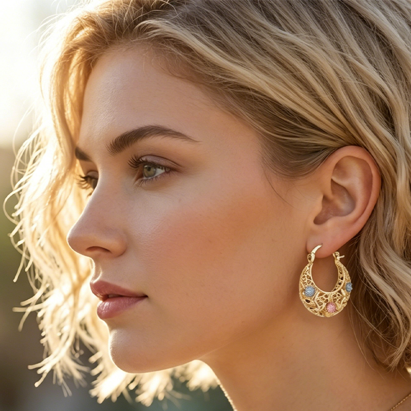 Boucles d'oreilles fleur en émail plaqué or croissant de lune - Luxe abordable, polyvalent