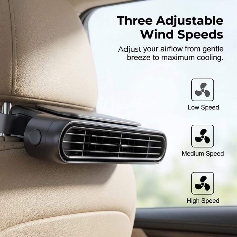 Ventilateur de Siège Auto BreezGoTM – Ventilateur Rechargeable Clip-On 3 Vitesses avec Batterie 3000 mAh | Chargement USB-C pour Voitures, Voitures de Golf et Camping-cars
