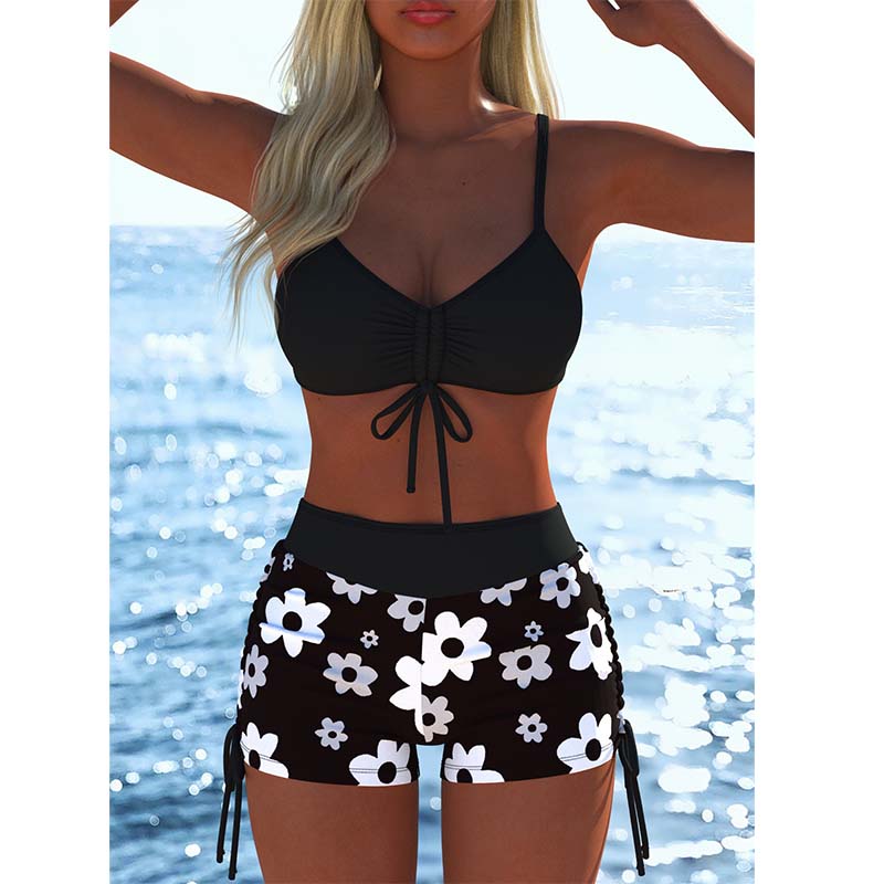 Ensemble bikini à cordon de serrage pour femme avec shorty