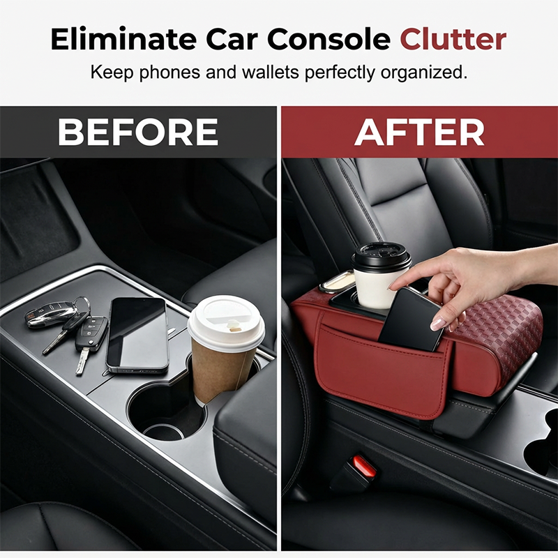 Coussin accoudoir de voiture, housse de console centrale 5 en 1 avec 2 sacs de rangement, porte-gobelet, fente pour boîte à mouchoirs, fente pour téléphone pour berlines, accessoires intérieurs de voiture