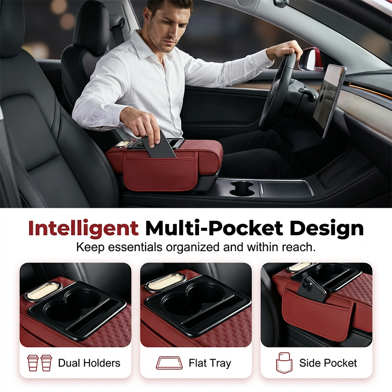 Coussin accoudoir de voiture, housse de console centrale 5 en 1 avec 2 sacs de rangement, porte-gobelet, fente pour boîte à mouchoirs, fente pour téléphone pour berlines, accessoires intérieurs de voiture